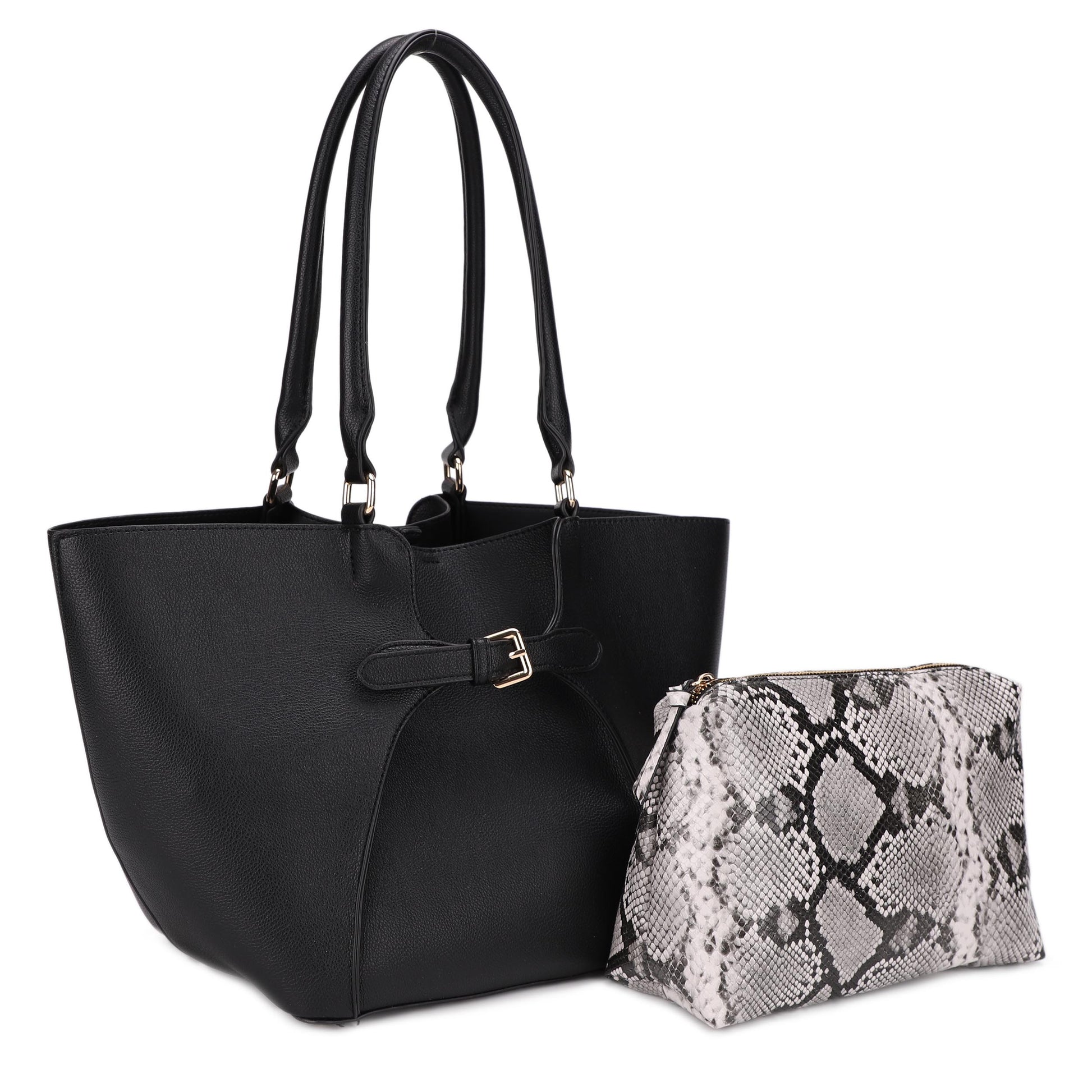 Silvia Double Handle Classic Tote W. Front & Back Buckle Details
