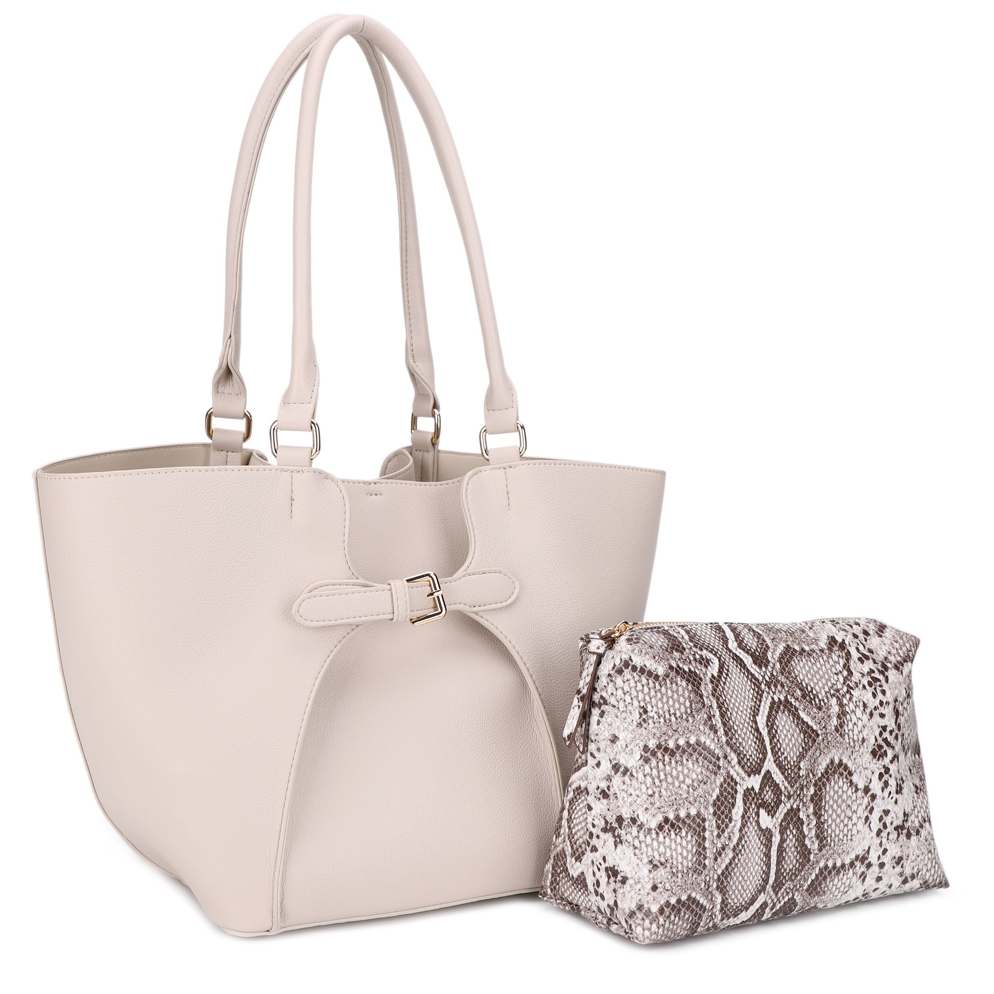 Silvia Double Handle Classic Tote W. Front & Back Buckle Details