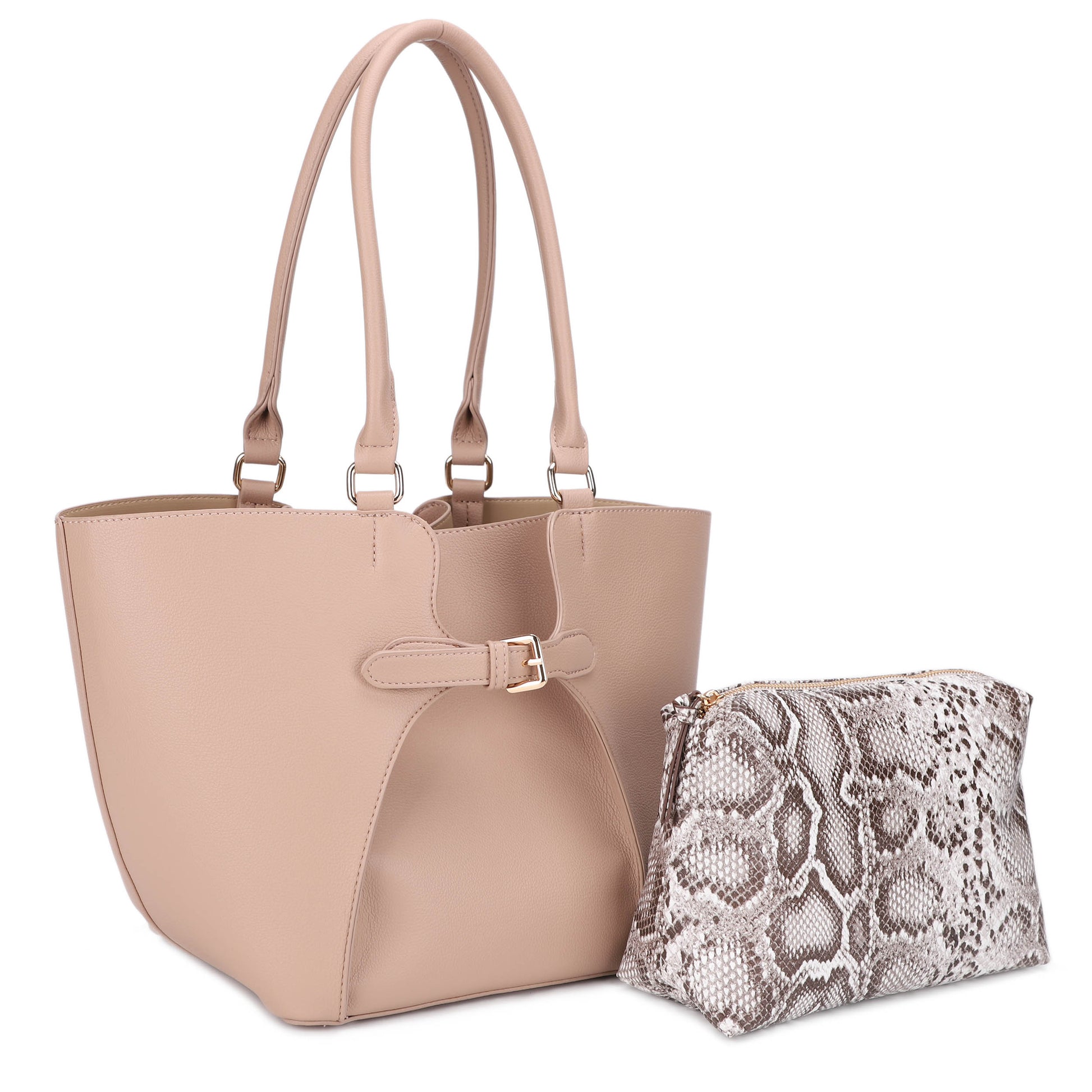 Silvia Double Handle Classic Tote W. Front & Back Buckle Details